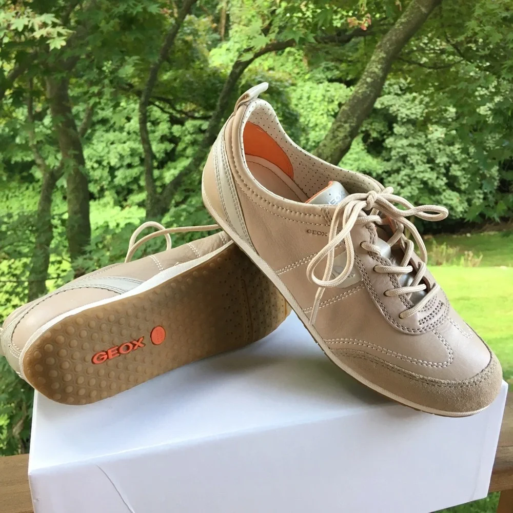 Geox Beige Respira Leather Lave Comfortable Sneakers
